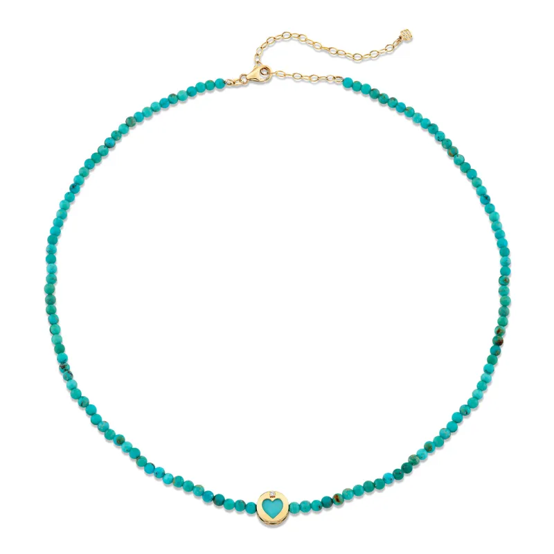 Gold & Diamond Turquoise Stone Inlay Icon Heart on Turquoise Beaded Necklace made by Sydney Evan