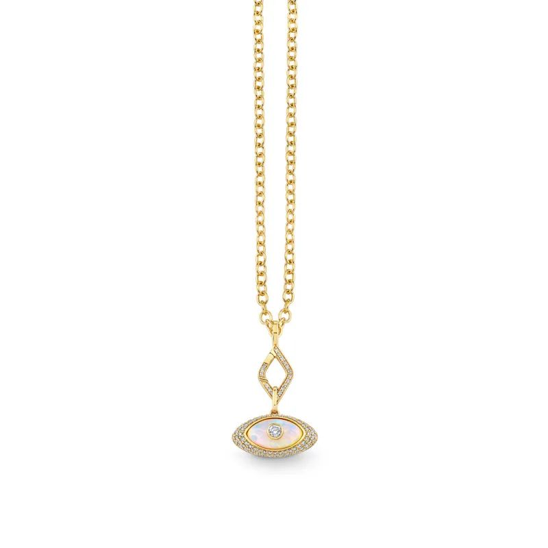 Gold & Diamond Large Carved Stone Pave Charm on Small Pave Eye Spring Link Clip Necklace made by Sydney Evan