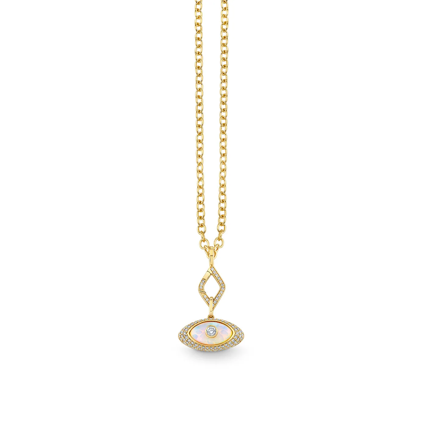Gold & Diamond Large Carved Stone Pave Charm on Small Pave Eye Spring Link Clip Necklace sold by Sydney Evan