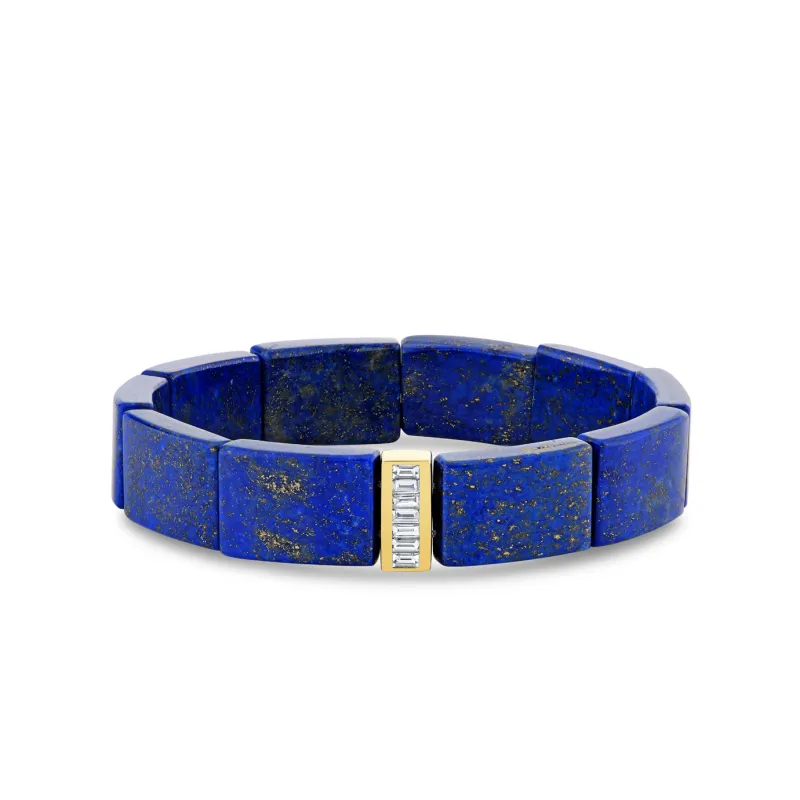 Gold & Diamond Channel Set Baguette Spacer on Blue Lapis made by Sydney Evan