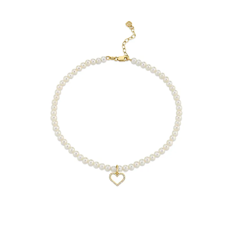 Gold & Diamond Open Heart Fresh Water Pearl Anklet made by Sydney Evan
