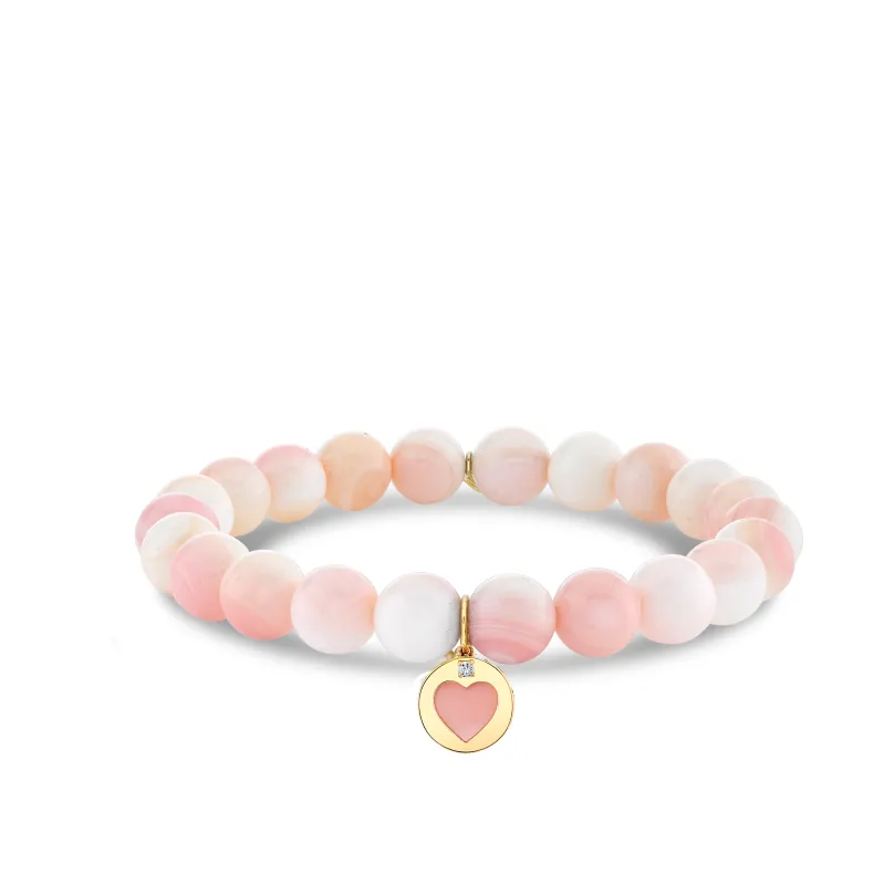 Gold & Diamond Mother of Pearl Stone Inlay Icon Heart on Pink Conch Shell made by Sydney Evan