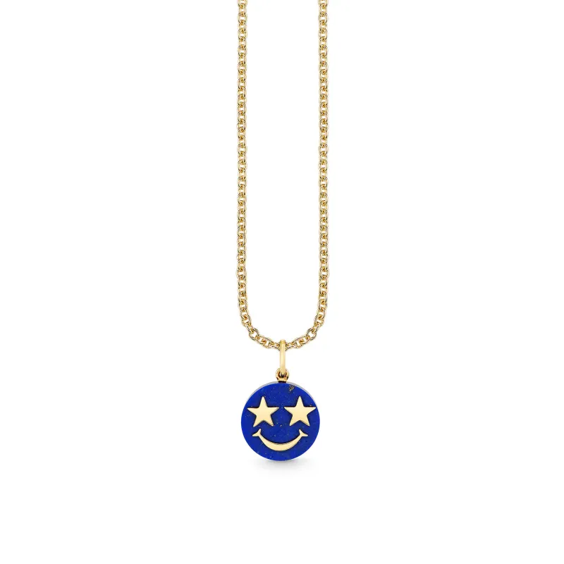Gold & Lapis Carved Stone Star Eyes Happy Face Charm made by Sydney Evan