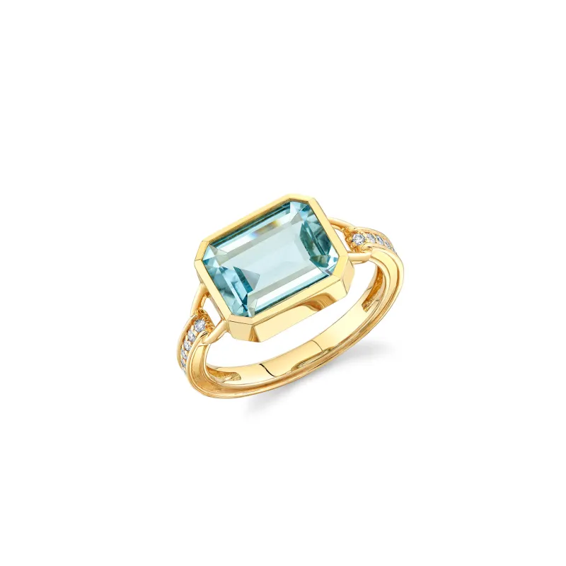 Gold & Diamond Emerald Cut Aquamarine Pave Shank Ring made by Sydney Evan