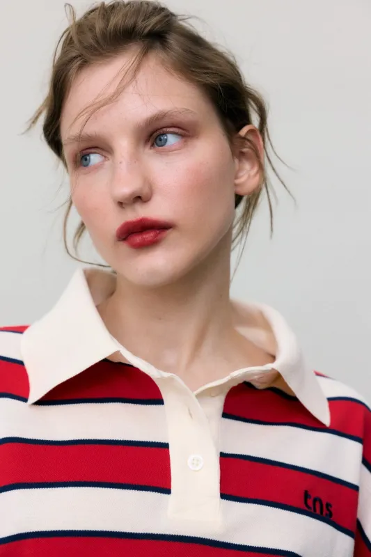 Acacia Woman Polo Tulip Red & Midnight Stripes made by The New Society