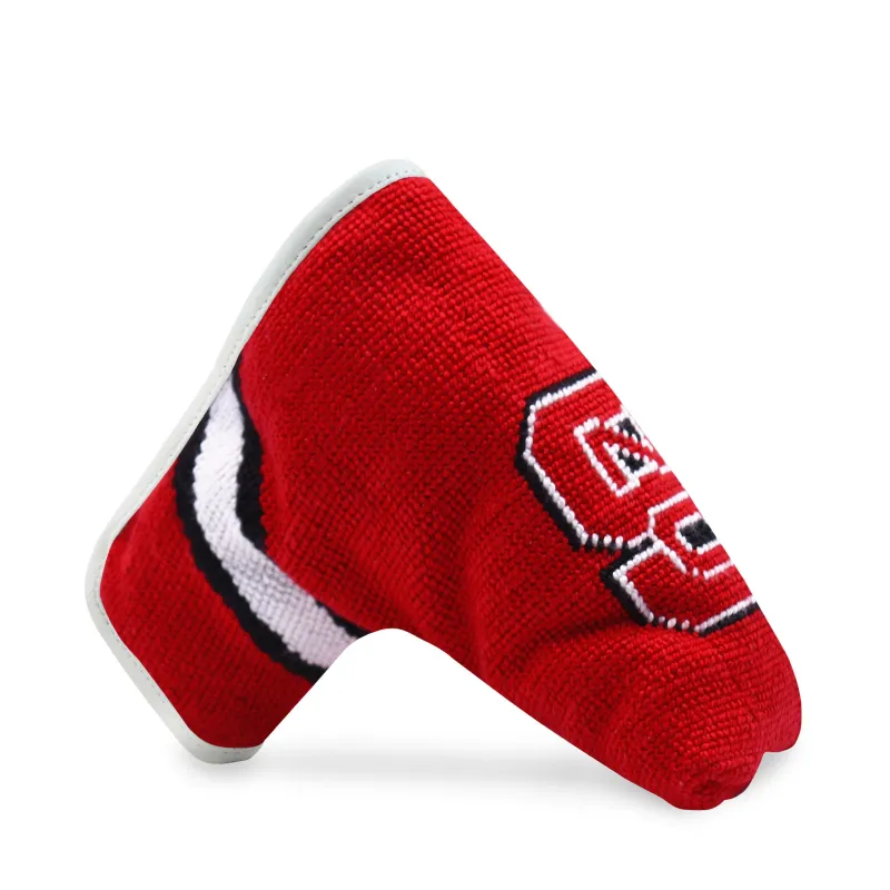 NC State Putter Headcover (Red - Black-White Multi Stripes) (White Leather) made by Smathers & Branson