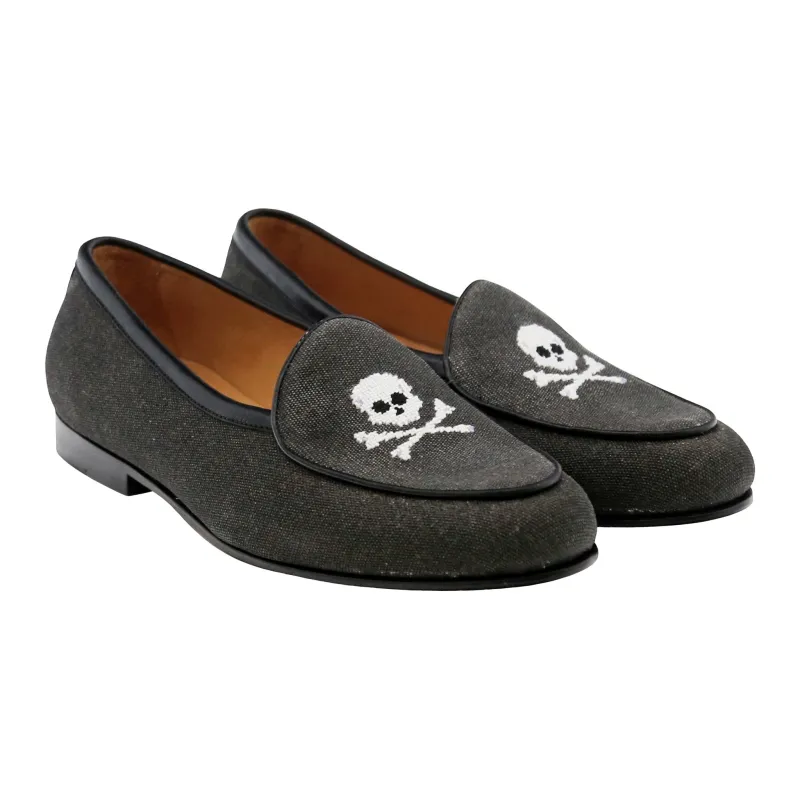 Jolly Roger Canvas Belgian Loafers (Charcoal Canvas) (Black Leather) made by Smathers & Branson