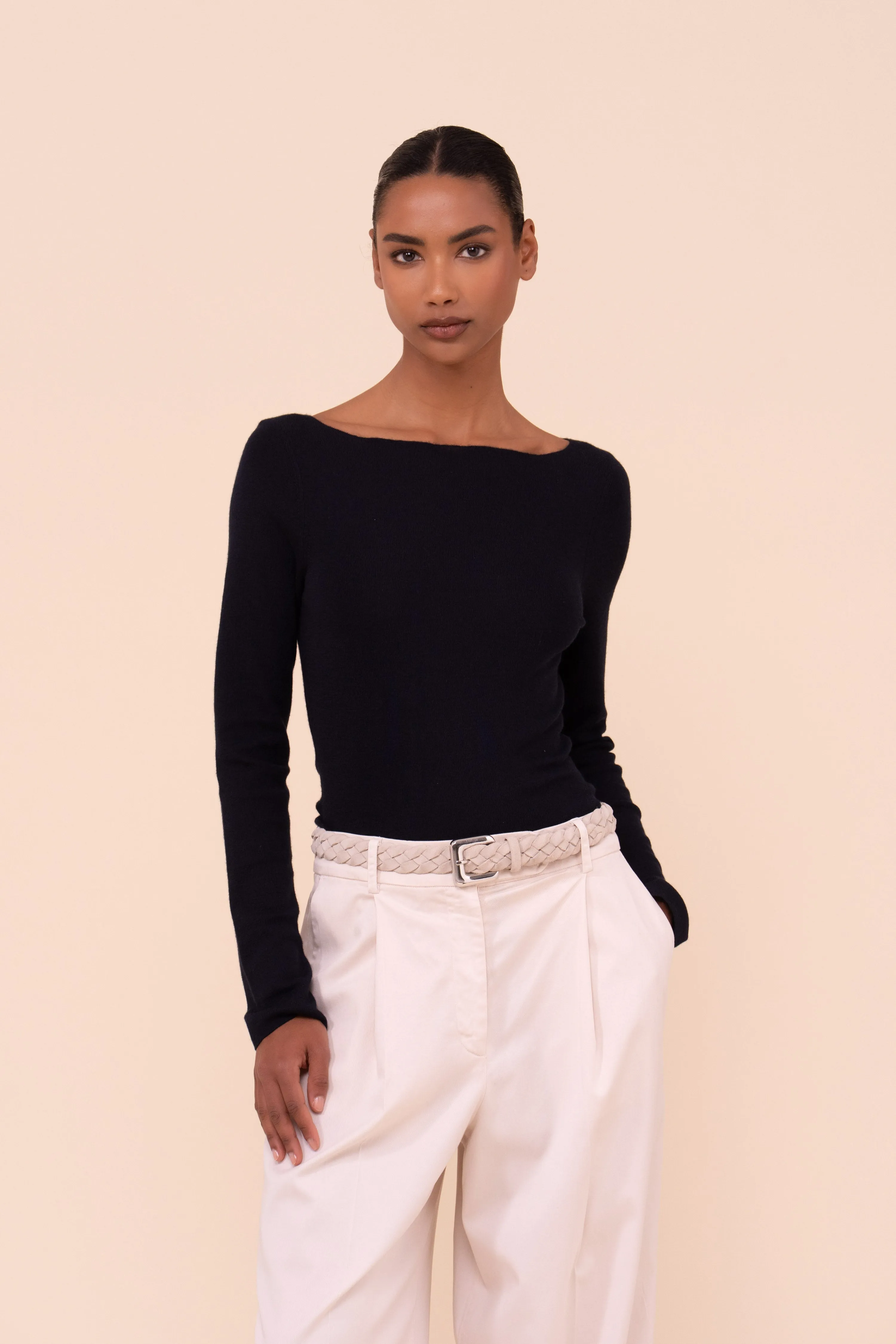 Haring Pearly Cashmere-Silk Boatneck Sweater sold by Fedeli