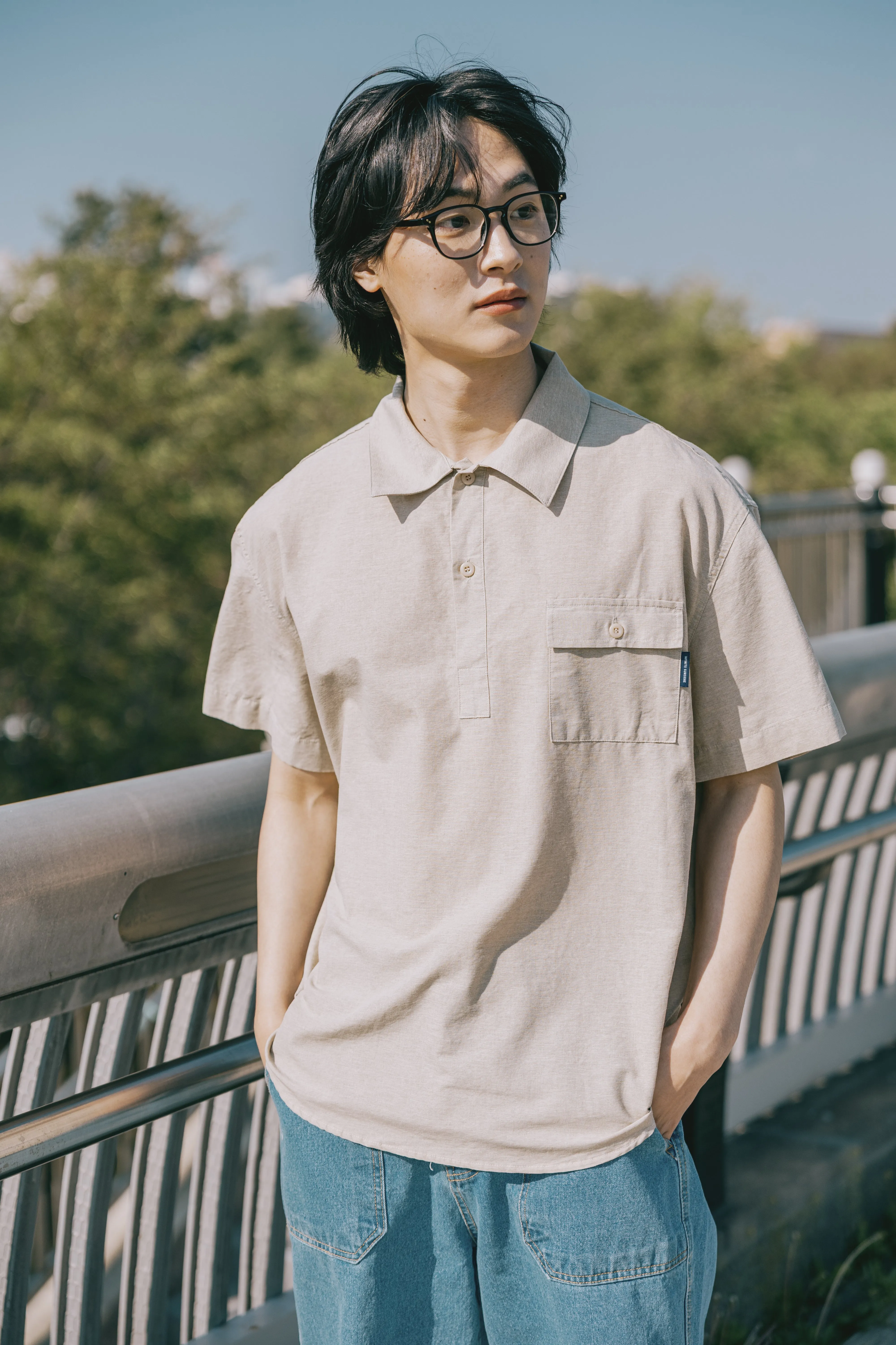 Pigment Henley Neck Half Shirt (Beige) sold by Kappy product image thumbnail 2