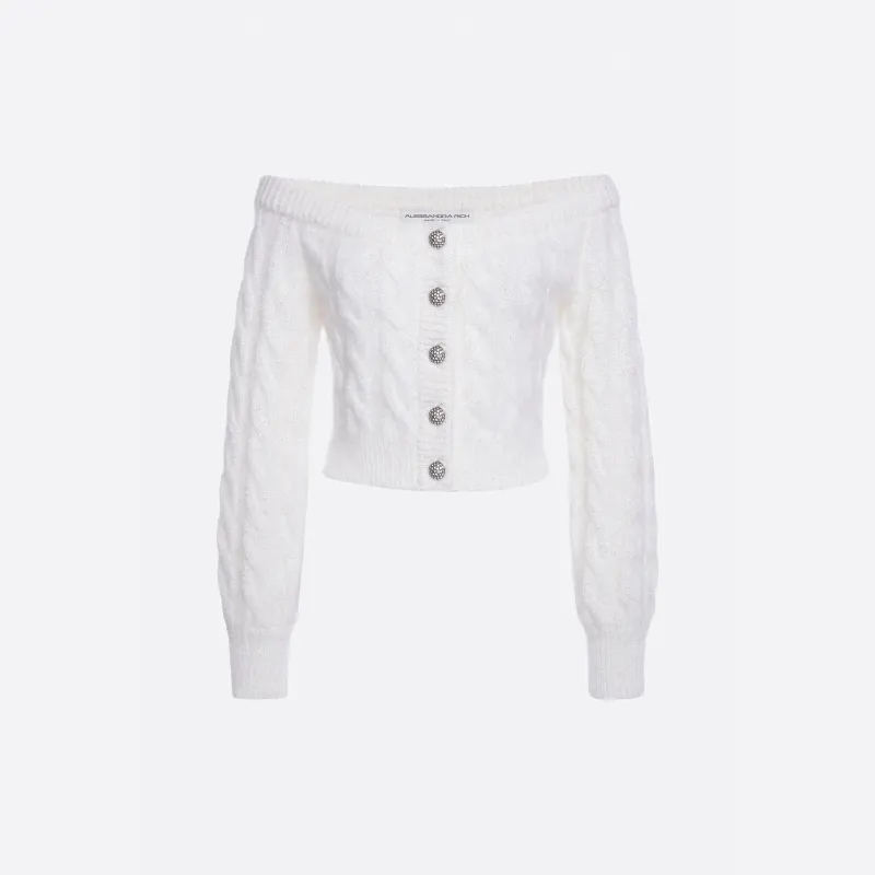 MOHAIR SEQUIN CABLE KNIT OFF-SHOULDER CARDIGAN made by Alessandra Rich
