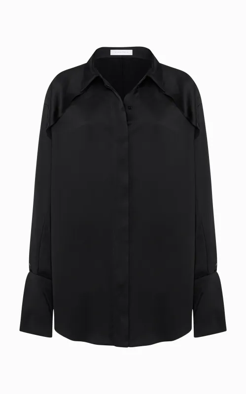 Magma Draped Back Shirt | Black Silk made by STUDIO AMELIA