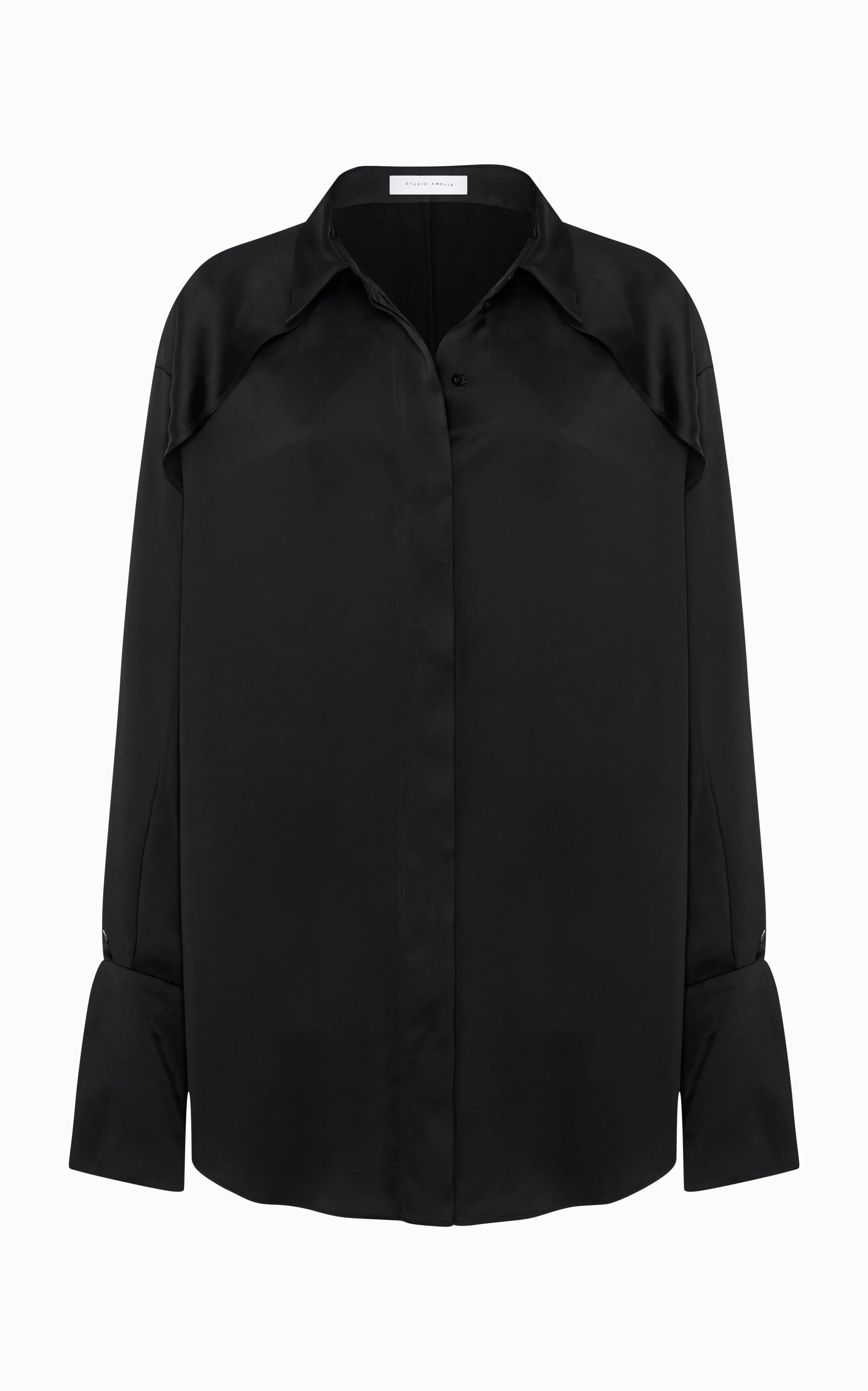 Magma Draped Back Shirt | Black Silk sold by STUDIO AMELIA