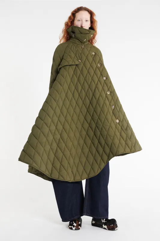 Long Quilted Trench Dark Khaki Green made by A.W.A.K.E. MODE