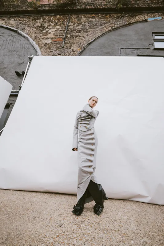 Asymmetric Skirt With Jacket Collar At Hem Light Grey Melange made by A.W.A.K.E. MODE