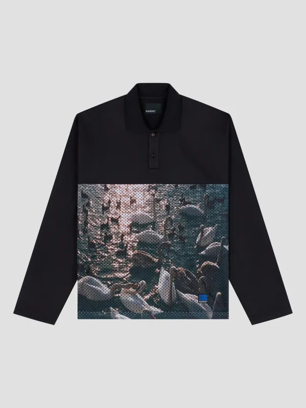 PACC18T016-1 ~ MEN SWAN MESH LS POLO BLACK made by Rassvet Skateboards