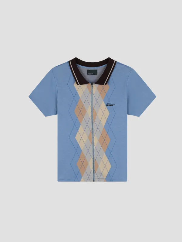 PACC18T026-1 ~ MEN ARGYLE ZIP POLO BLUE made by Rassvet Skateboards