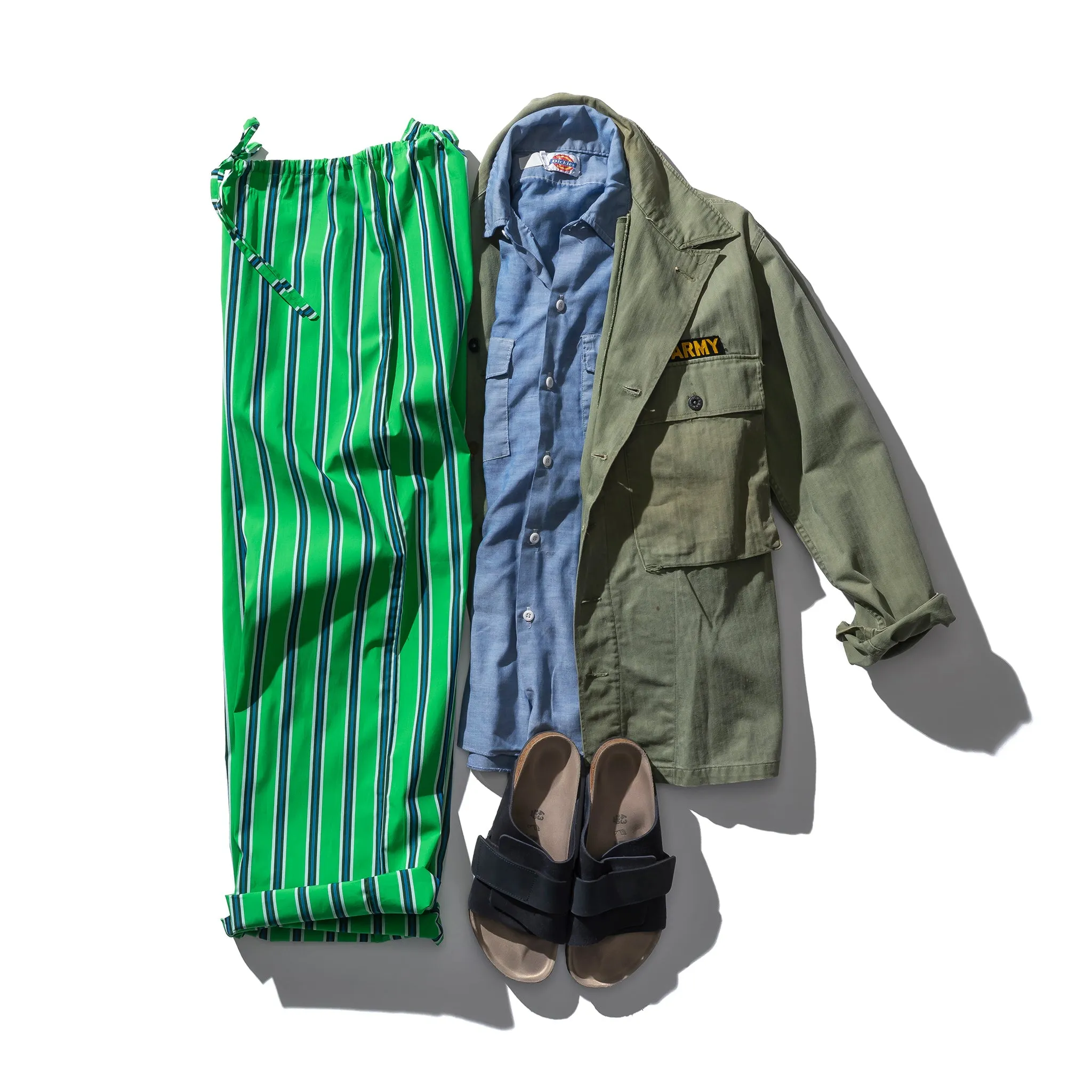 COTTON STRIPE REGULAR PANTS / Green sold by PUEBCO