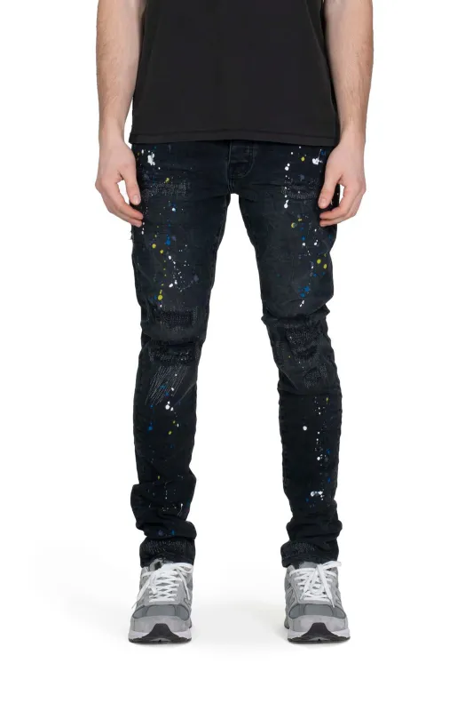 P001 LOW RISE SKINNY JEAN - Black Reflective Repair with Paint made by PURPLE BRAND