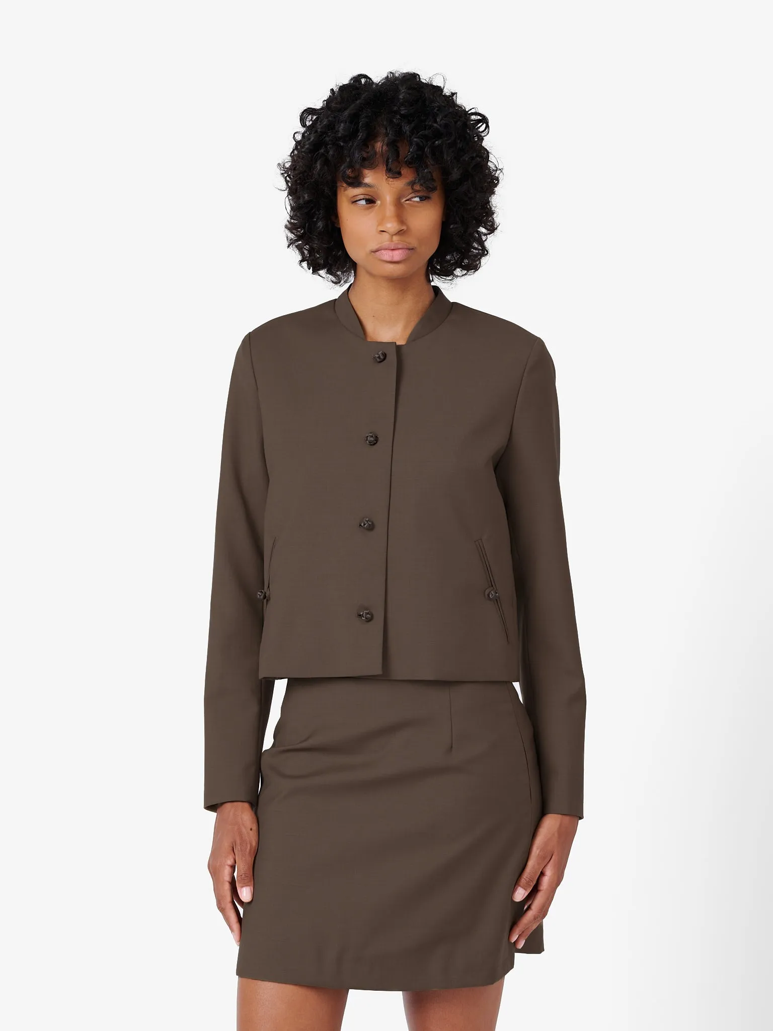 Crop Jacket in Cedar Brown Wool Twill sold by Yali Milano