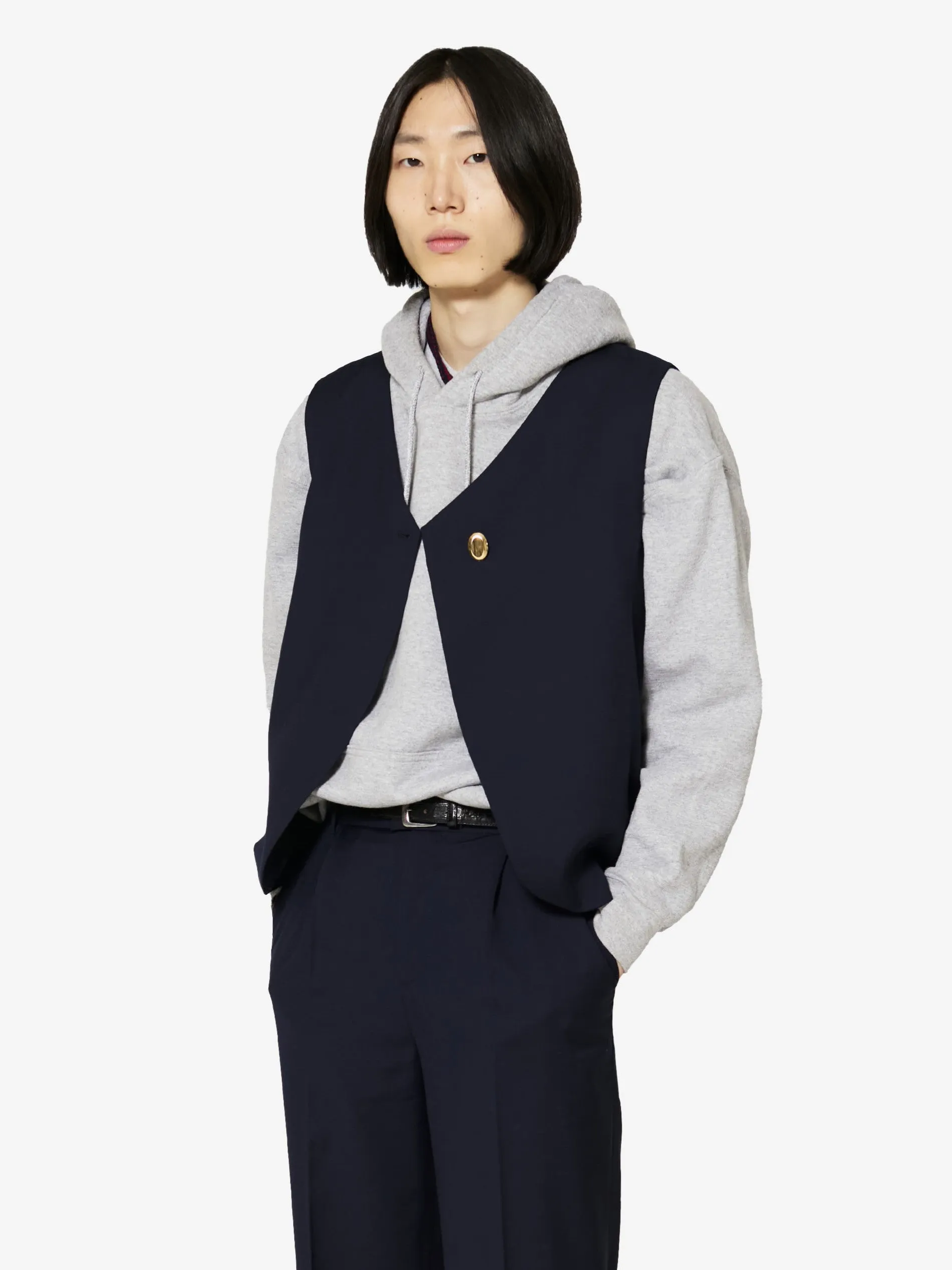 Fumoar Short Vest in Blue Goldstone Wool sold by Yali Milano