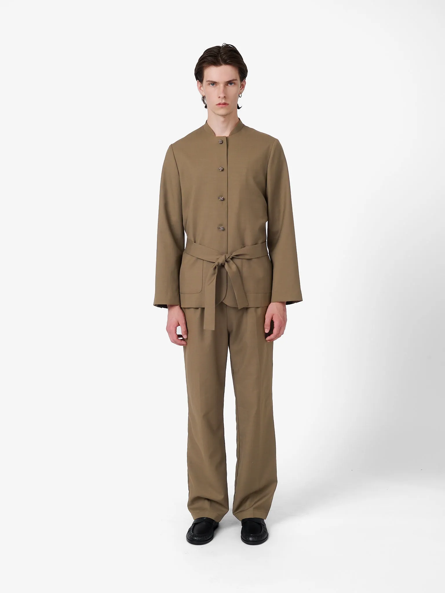 Coulisse Pants in Camel Beige Wool Twill sold by Yali Milano