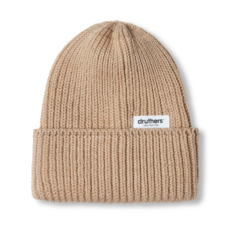Merino Wool Big Knit Cardigan Beanie - Camel made by Druthers