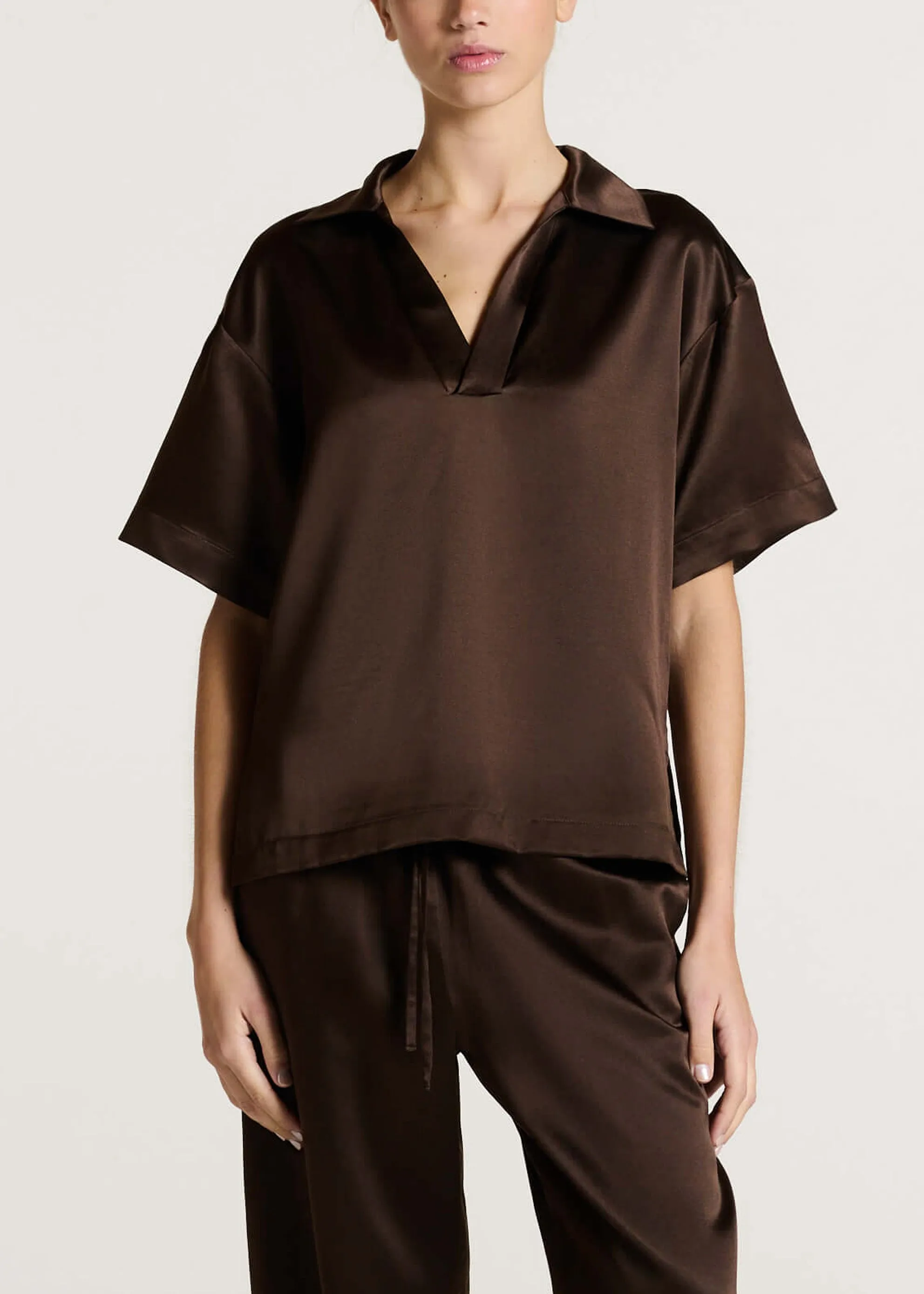 Modena Top Dark Brown Silk Wool Satin sold by ASCENO product image thumbnail 2