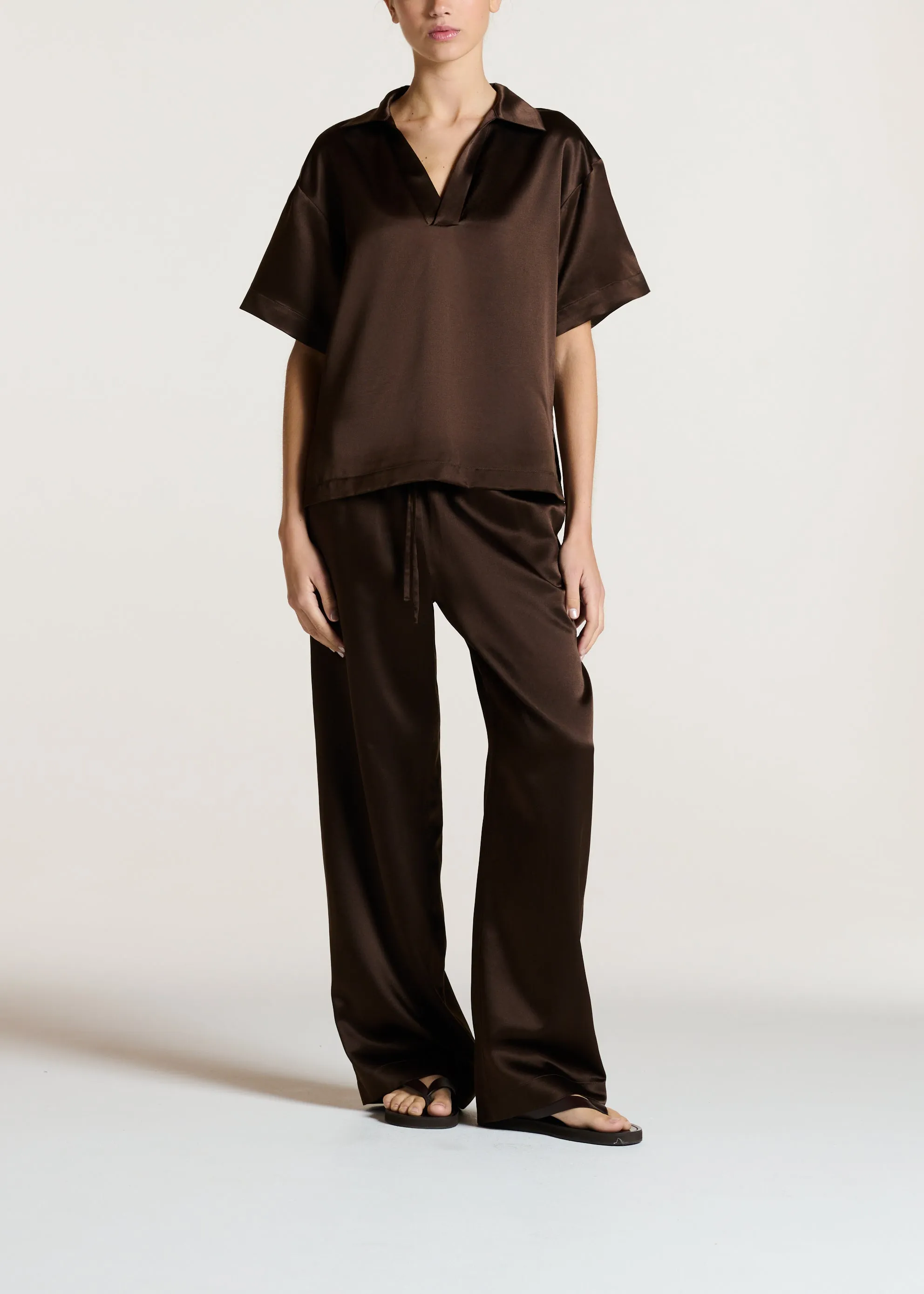 Modena Top Dark Brown Silk Wool Satin sold by ASCENO