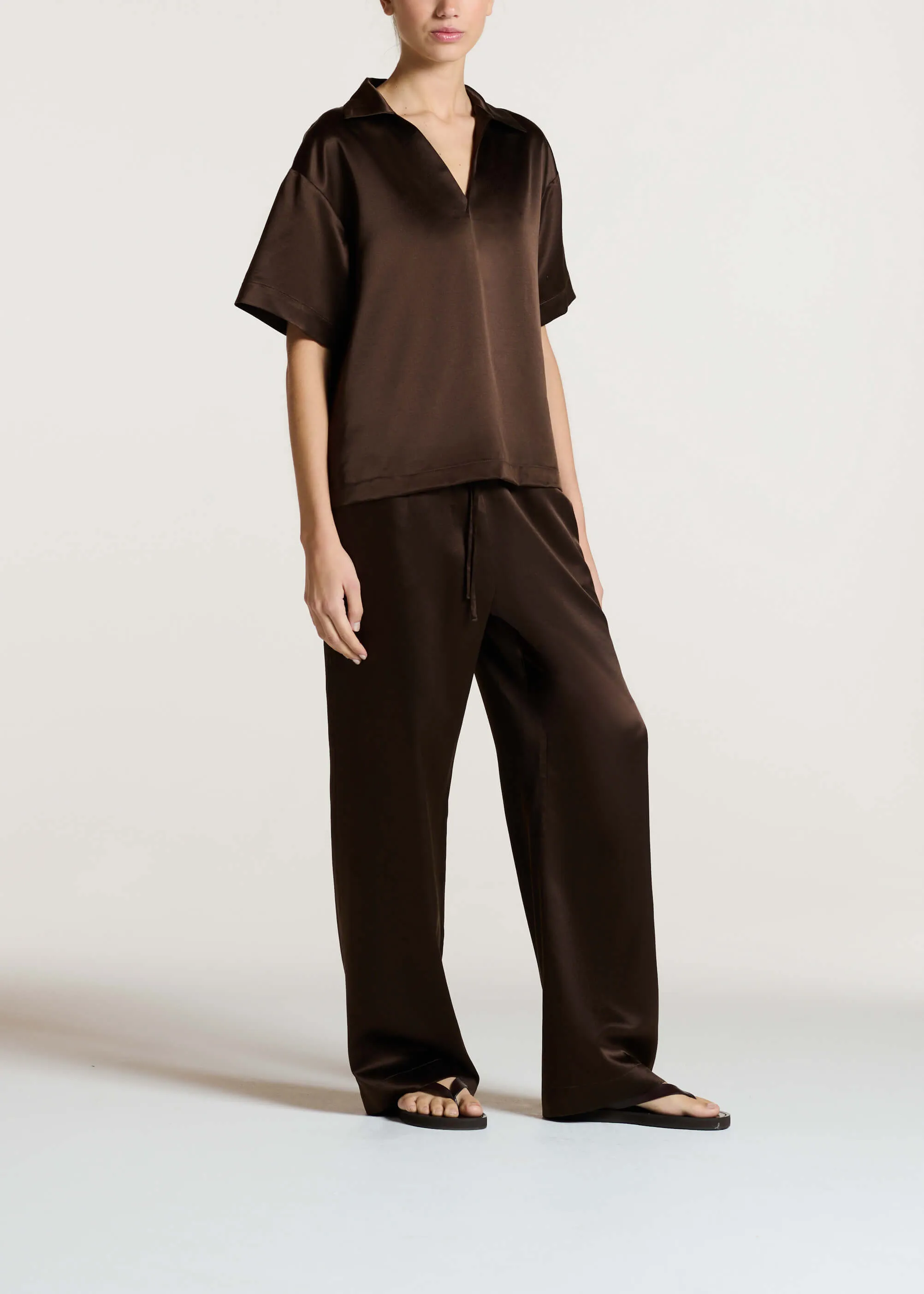 Aurelia Trouser Dark Brown Silk Wool Satin sold by ASCENO