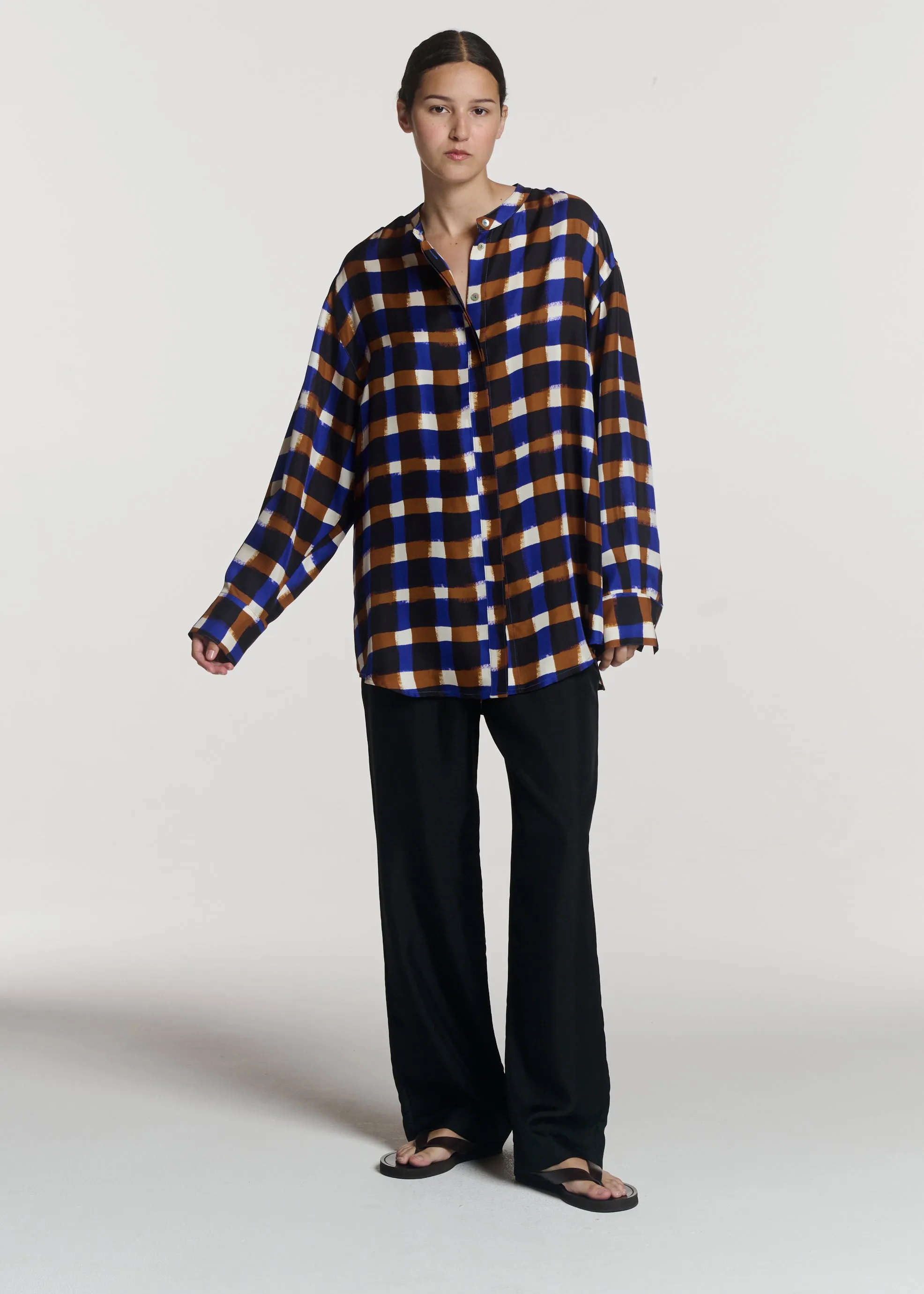 Ferrara Shirt Painted Check Bronze Silk Twill sold by ASCENO