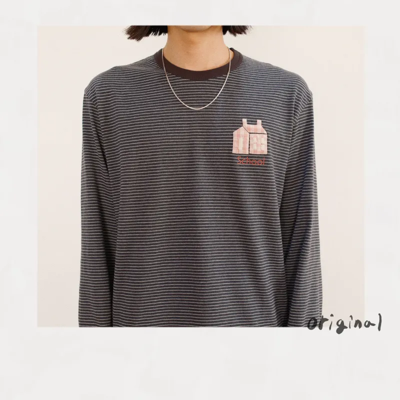 Hand-Embroidered Stripe Long Sleeve T-Shirt Black made by EYE/KHOKI