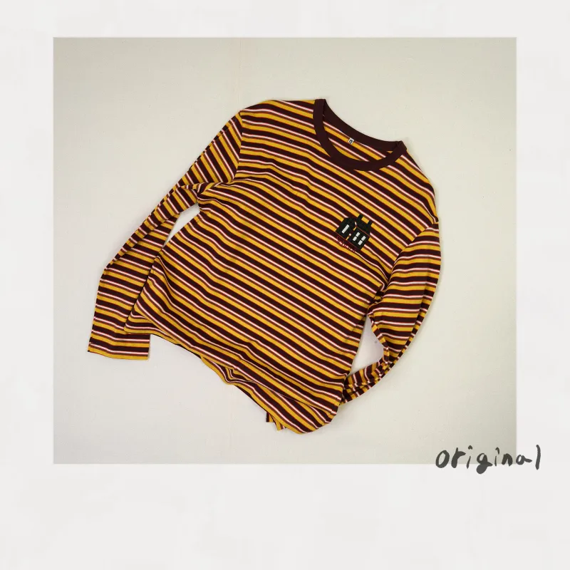 Hand-Embroidered Stripe Long Sleeve T-Shirt Brown made by EYE/KHOKI