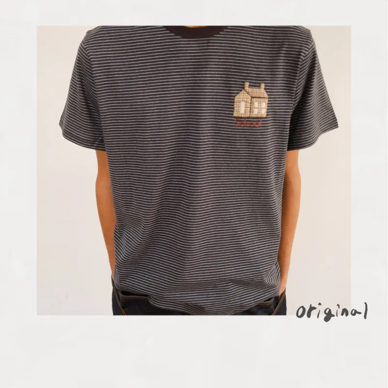 Hand-Embroidered Stripe T-Shirt Black made by EYE/KHOKI
