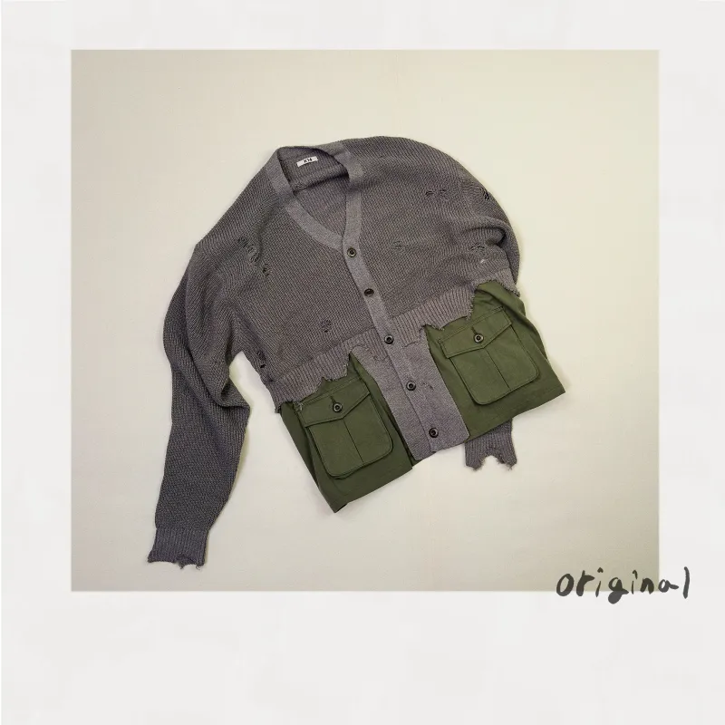 Destroyed Knit Cardigan Gray made by EYE/KHOKI