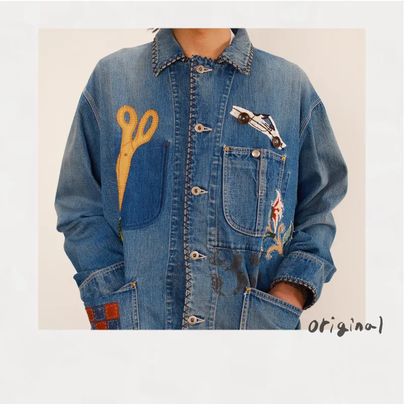 Hand-Embroidered Denim Coverall Indigo made by EYE/KHOKI