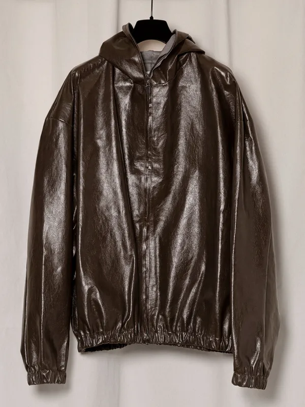 S18 NO.216 LEATHER HOODED ZIPPER JACKET made by Gabriela Coll Garments