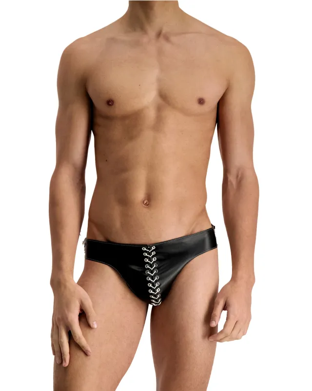 Black Leather Eyelet Briefs made by Ludovic de Saint Sernin
