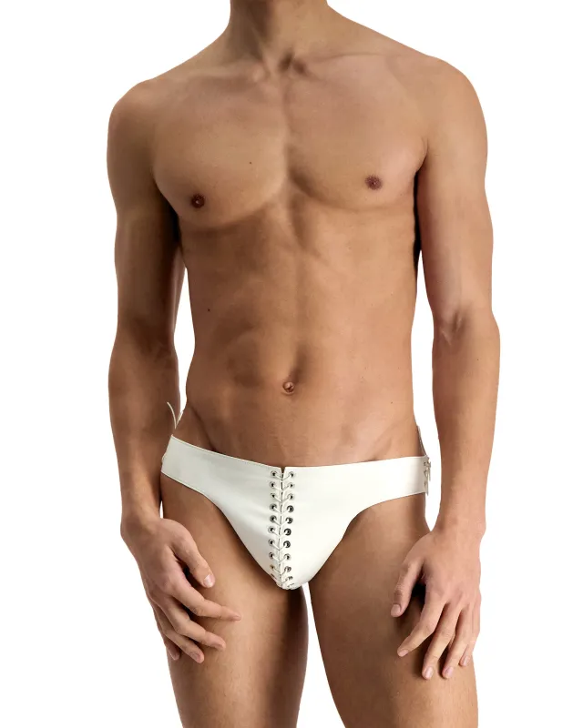 White Leather Eyelet Briefs made by Ludovic de Saint Sernin