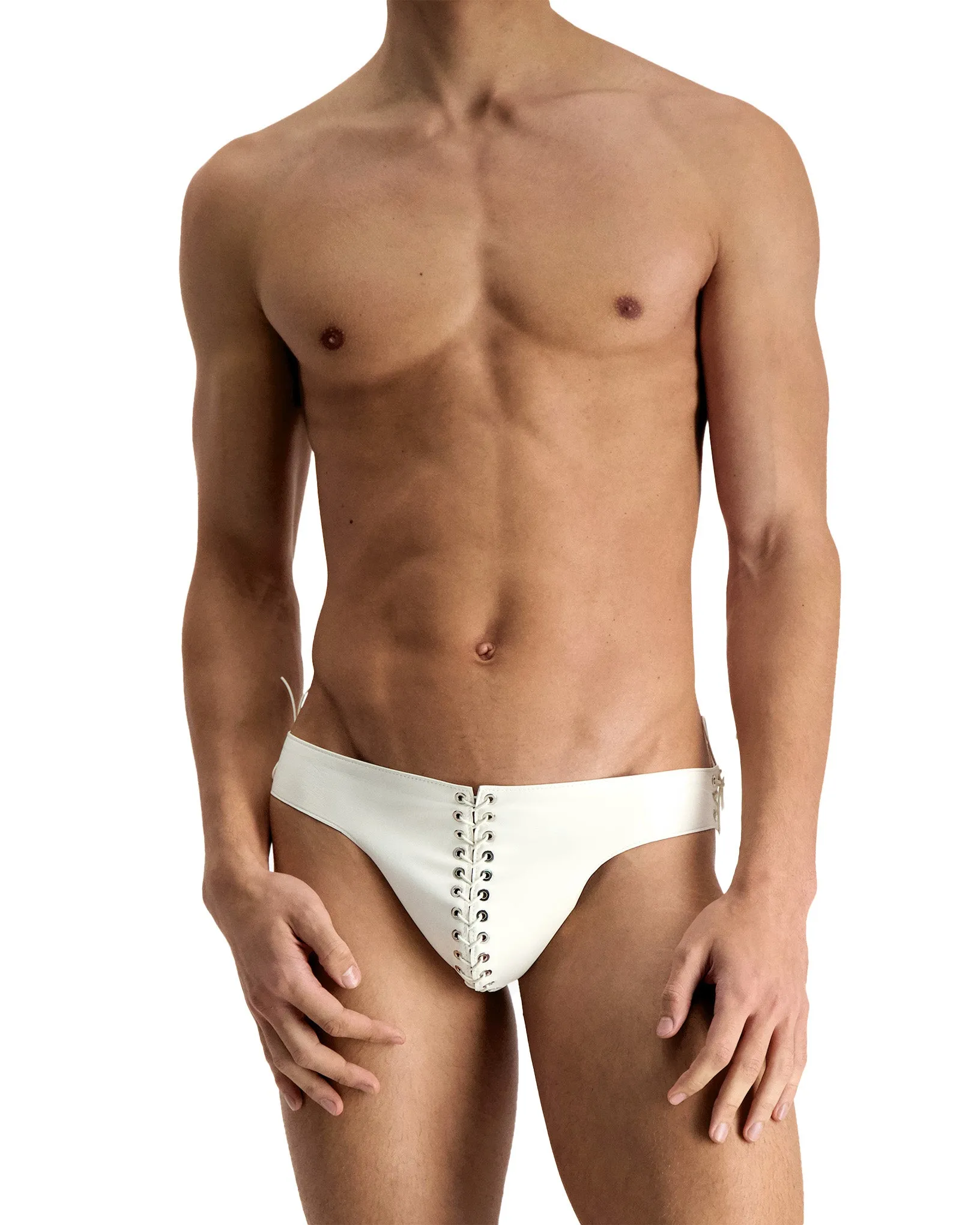 White Leather Eyelet Briefs sold by Ludovic de Saint Sernin