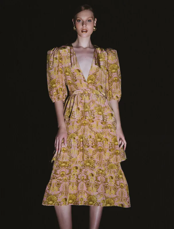 Seashell Puff-sleeved Ruffled Midi Dress made by Adriana Degreas