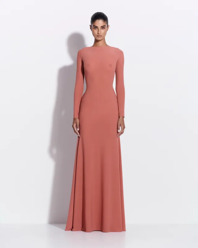 Long Sleeve Open Back Twist Gown in Crepe Jersey made by Alex Perry