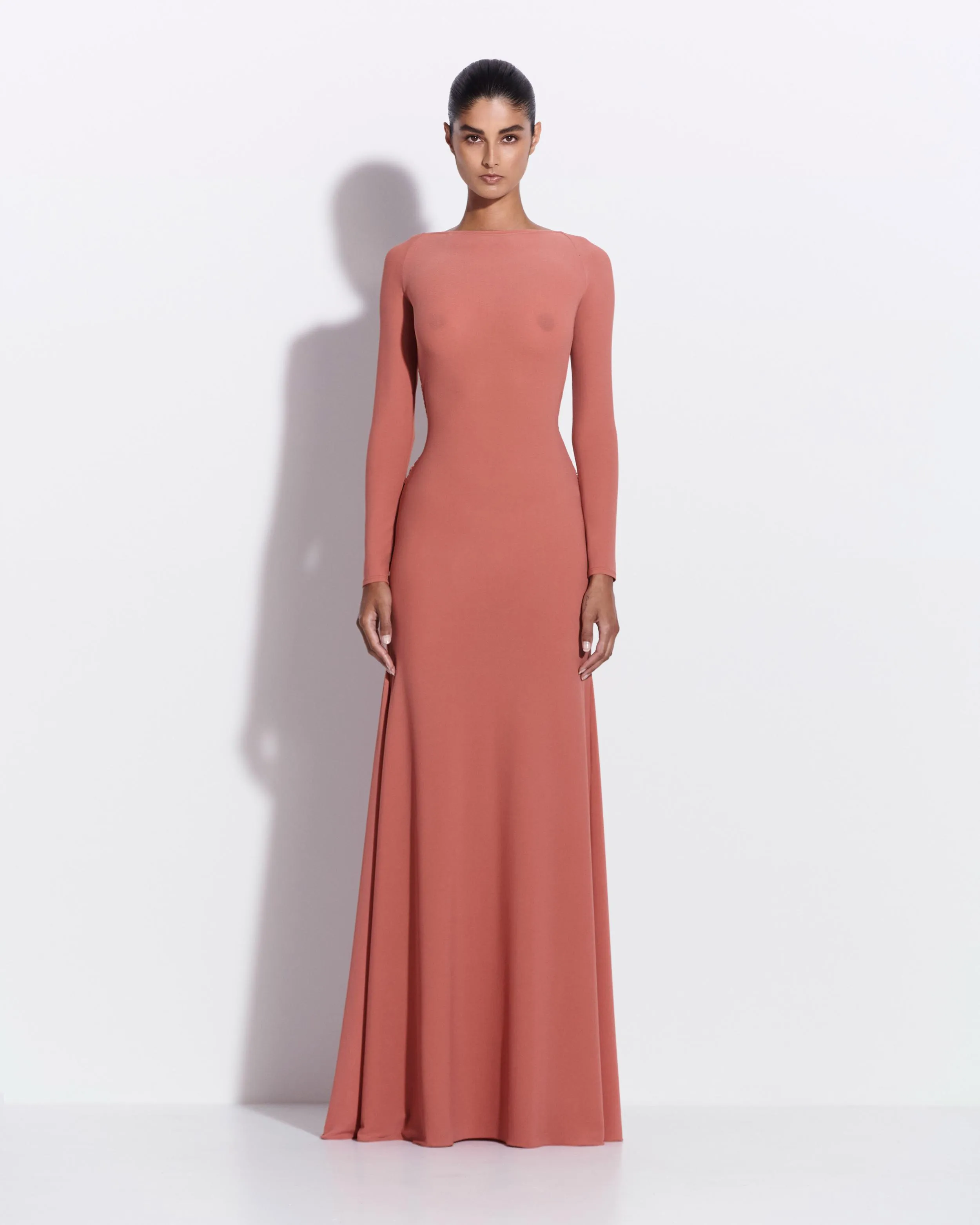 Long Sleeve Open Back Twist Gown in Crepe Jersey sold by Alex Perry