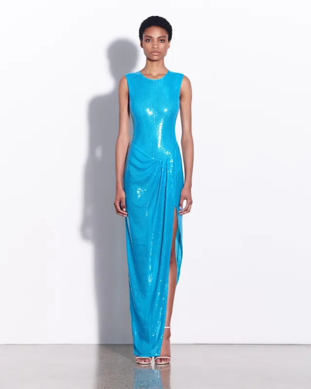 Sleeveless Asymmetric Wrap Gown in Sequin made by Alex Perry