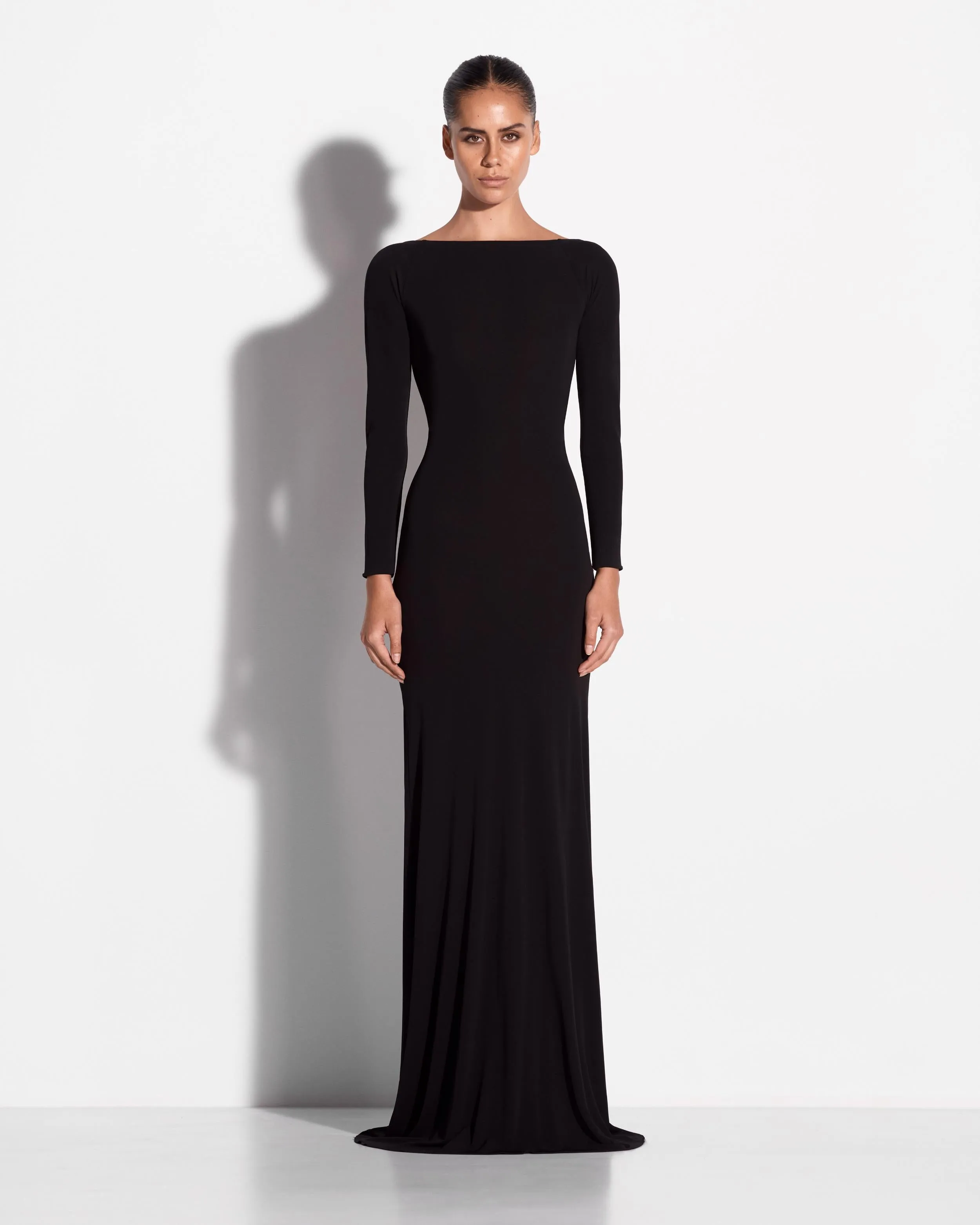 Long Sleeve Open Back Gown in Dry Jersey sold by Alex Perry