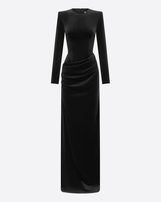 Long Sleeve Drape Column in Velvet made by Alex Perry