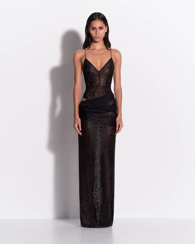 Bikini Asymmetric Drape Column in Leopard Lace made by Alex Perry