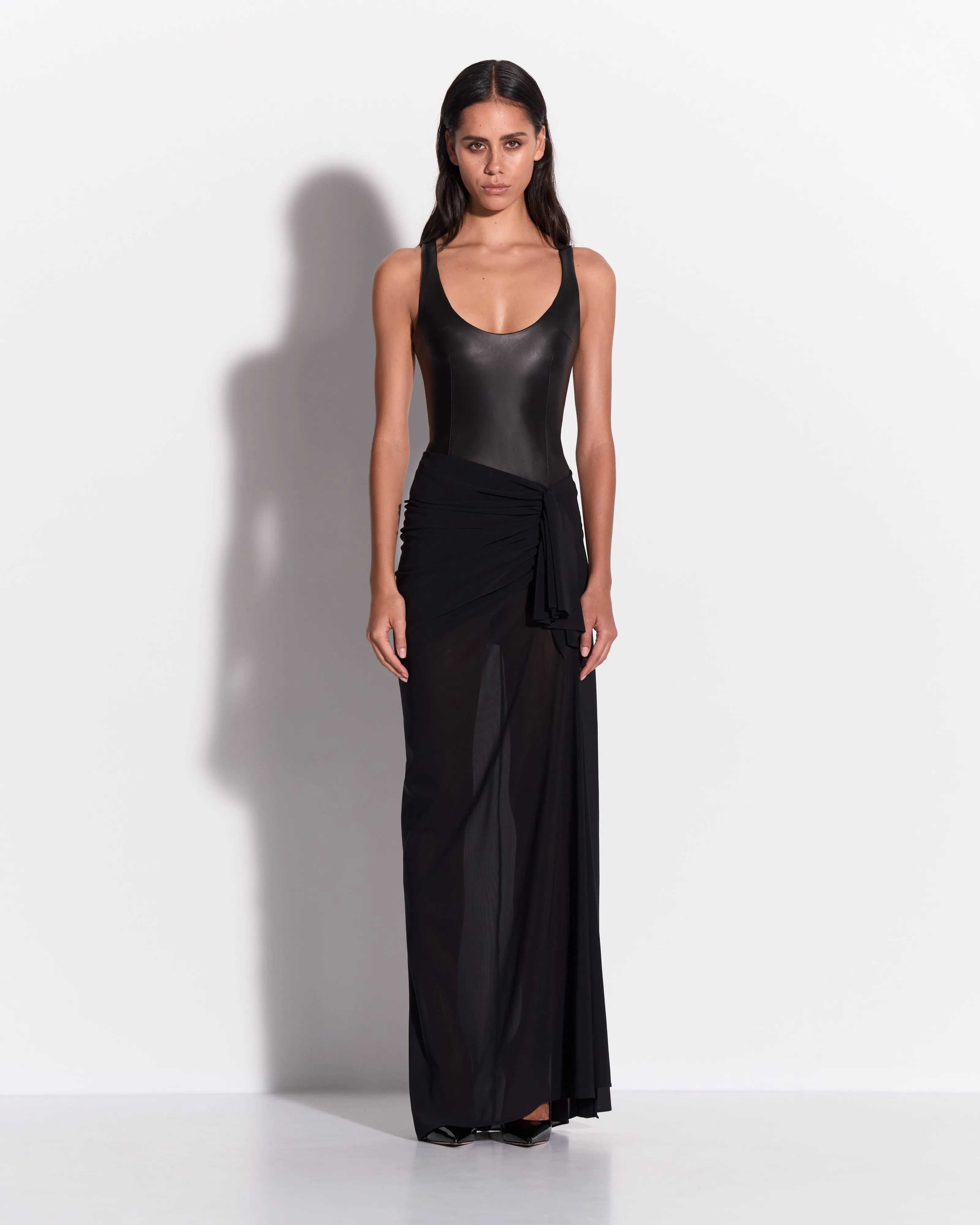Scoop Singlet Bodysuit in Leather sold by Alex Perry