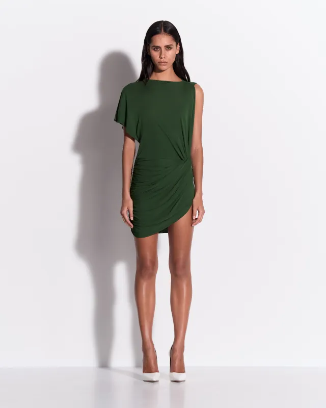 One Shoulder Cape Sleeve Twist Mini Dress in Dry Jersey made by Alex Perry