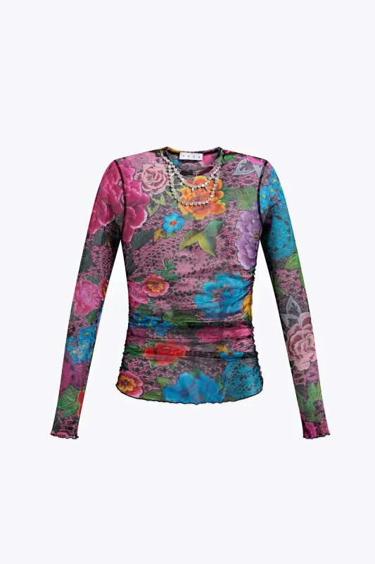 Crystal Embellished Printed Tulle Long Sleeve Top made by AREA NYC