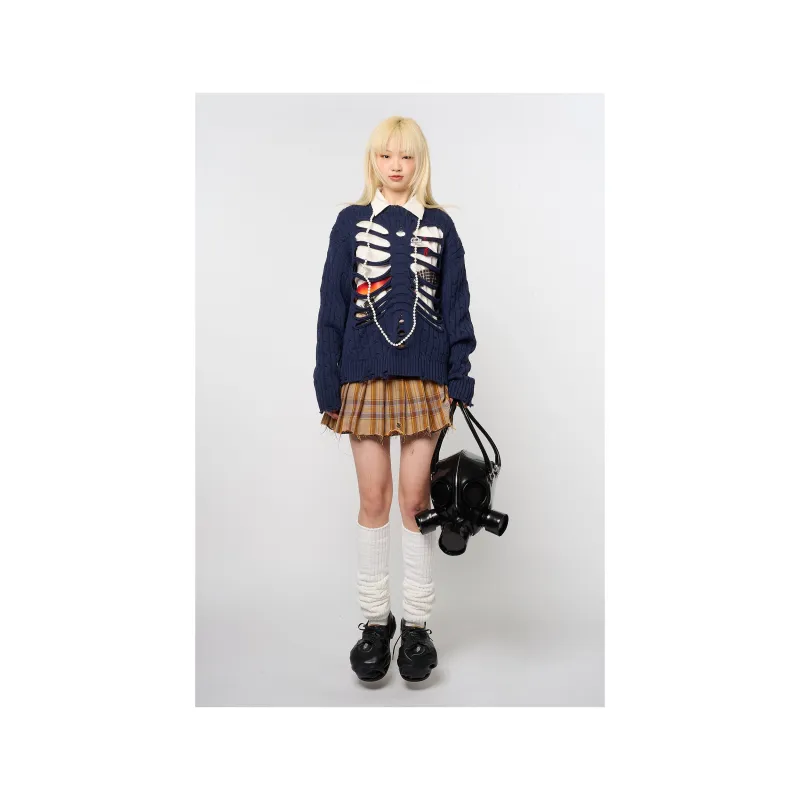 RIB CAGE CABLE KNIT PULLOVER: NAVY made by Doublet